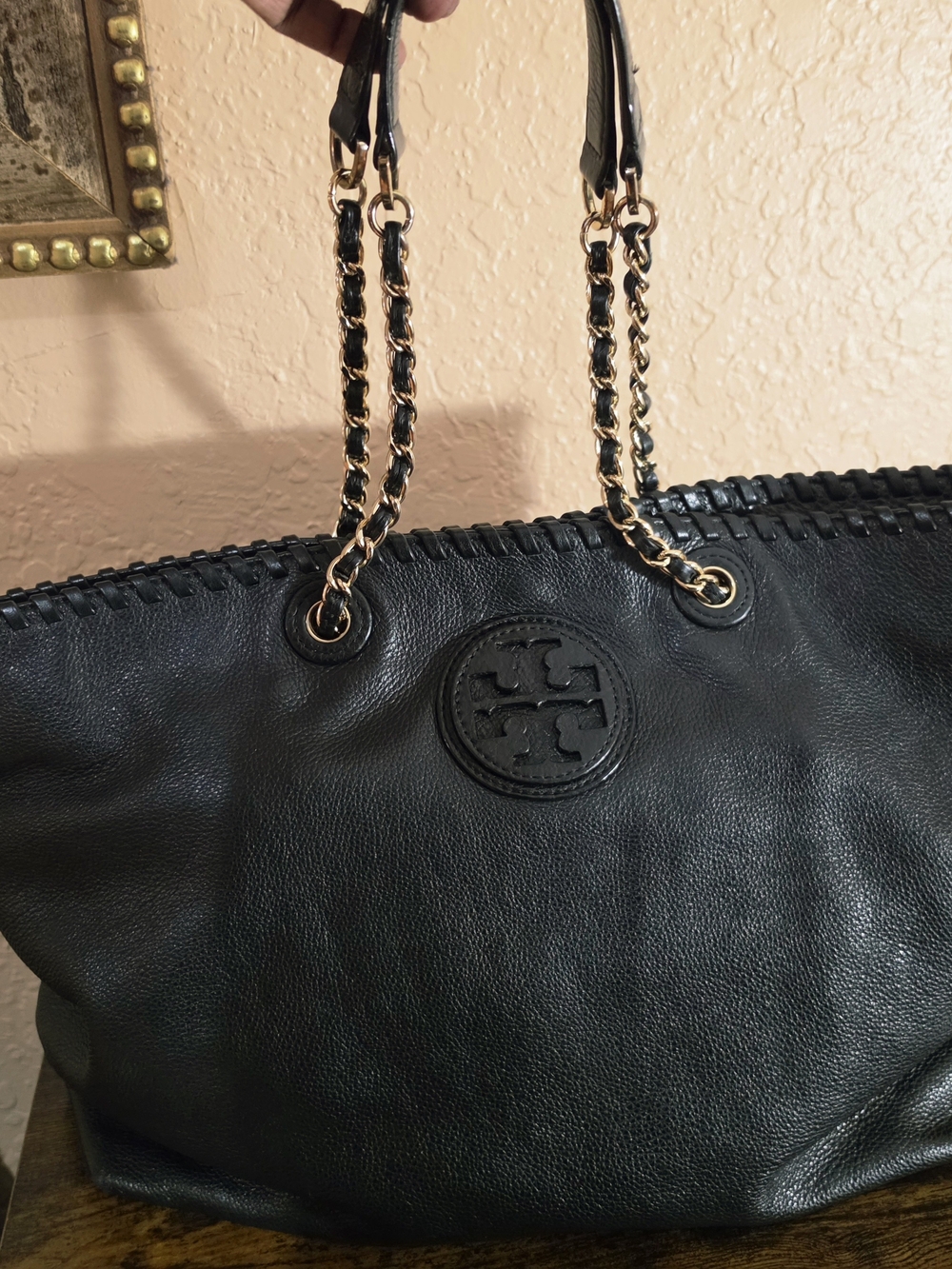 Tory Burch Marion Black Leather East West Tote with Gold Chain-Strap